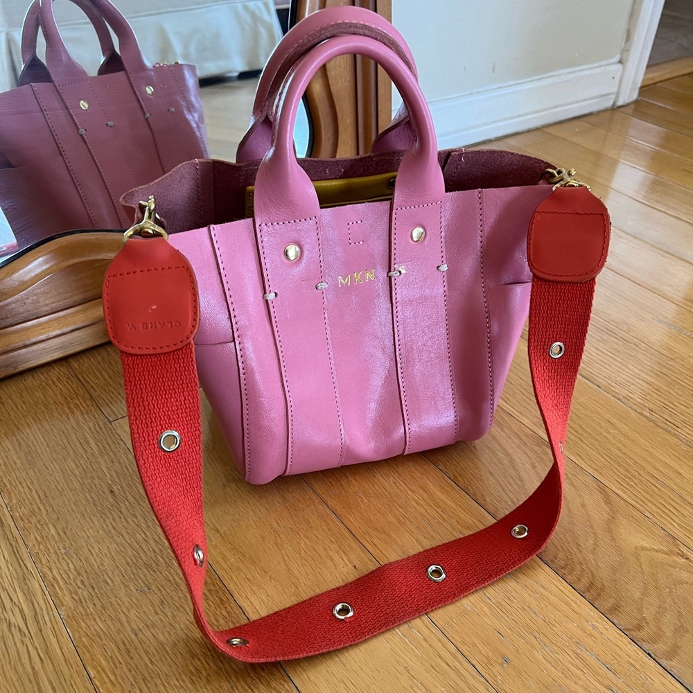 Clare V Le Petit Box Tote Petal MKN Initials with Orange Grommet Strap